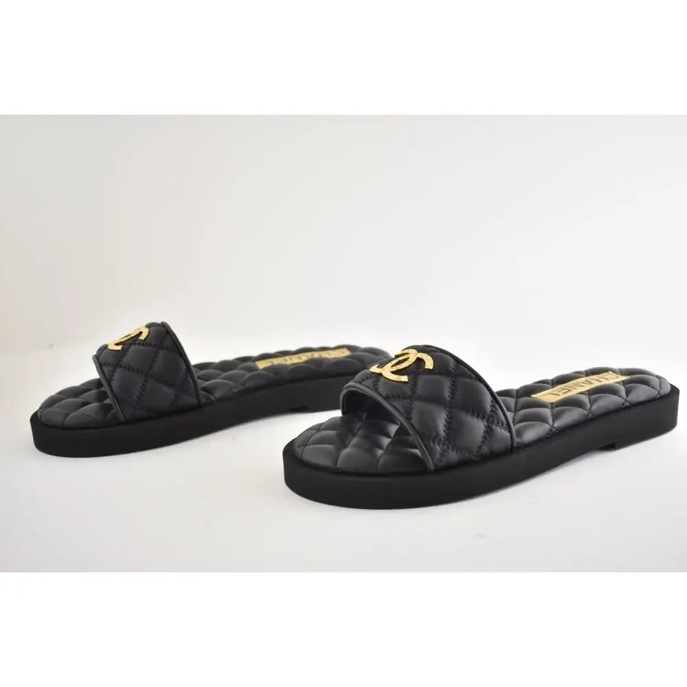 Chanel REV Black Quilted Leather Gold Logo Mule Slide Sandal Flip Flop Flat 35